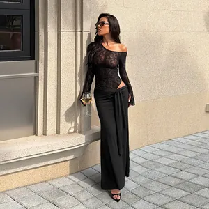 Robe Maxi Sexy En Dentelle Patchwork Élégante Robe De Soirée Moulante À Manches Longues Et Col Oblique Pour Femme