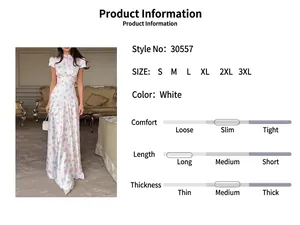 Detailed product information and model view for a French floral print maxi dress
