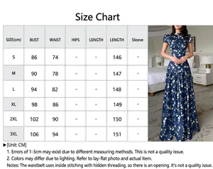 Comprehensive size chart for elegant slim-fit floral French dress with model display