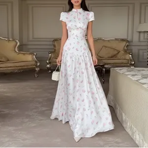 Elegant French style white floral print maxi dress with slim fit waist and short sleeves