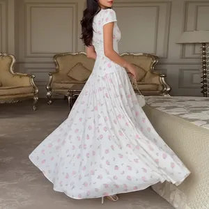 Elegant French style white maxi dress with pink floral print and slim waist for summer