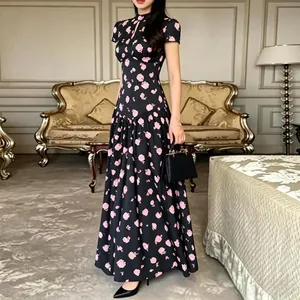 Elegant French style floral maxi dress with pink rose patterns shown in full-length