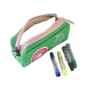 Summer fruit canvas pencil case with large pink zipper, high capacity stationery bag