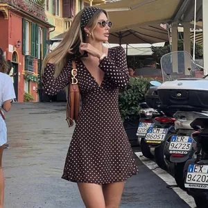 Elegant brown polka dot long sleeve mini dress with a V-neck and slim waist fit