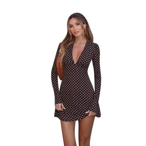 Elegant brown polka dot long sleeve mini dress with V-neckline and matching headband