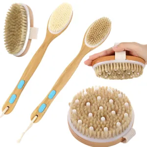 Natural boar bristle bath brush set with long wooden handle and handheld massager