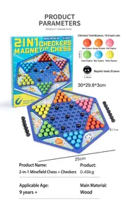 Comprehensive size and piece details for the 2-in-1 magnetic checkers and board game set
