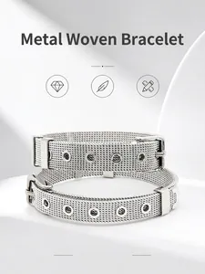 Close-up detail of silver stainless steel woven mesh bracelet with adjustable buckle