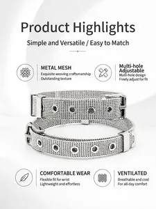 Detail view of silver stainless steel mesh bracelet with an adjustable pin buckle