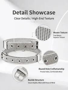 Detailed view of adjustable stainless steel mesh bracelet showing buckle and weaving texture