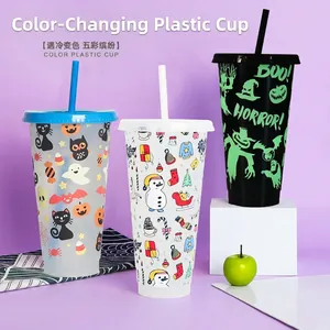 Festive color-changing plastic cup with straw and holiday themed patterns for parties