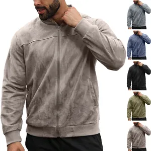 Detail views of men's solid color suede sport jacket with stand collar and zipper.