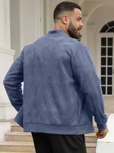 Close-up rear view of a premium blue suede men's zip-up jacket with stand collar