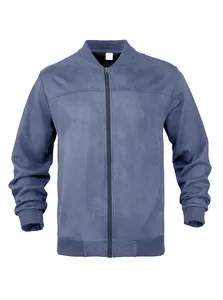 Detail of a blue men's faux suede bomber jacket with ribbed cuffs and full zipper.
