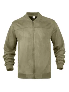 Detail view of men's olive green faux suede bomber jacket with full zipper