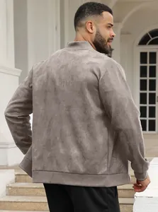 Rear close-up view of men's casual taupe suede bomber jacket with premium texture