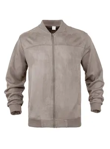 Detail view of premium faux suede fabric on this khaki men's casual bomber jacket.