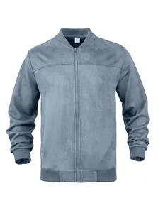 Front view of men's blue suede bomber jacket with full zipper and ribbed collar detail