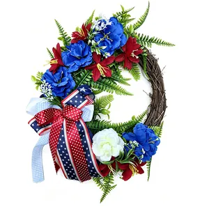 45cm American Independence Day rattan wreath with patriotic flowers and large bow
