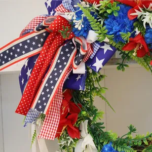 Patriotic 45cm American Independence Day wreath with red white blue flowers and star ribbons