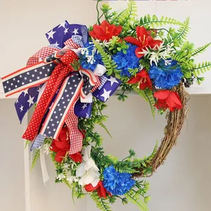 45cm Patriotic Independence Day wreath with red white blue flowers and star ribbons