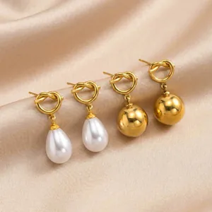 Ins Style 18K Gold Plated Brass Knot Hollow Bead Drop Earrings For Women Fashion Stainless Steel Post Dangle Jewelry