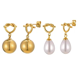 18K gold plated stainless steel knotted heart earrings with ball and pearl pendants