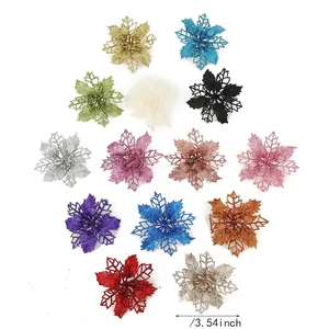 Set of multicolored glitter hollow 9cm poinsettia flowers for Christmas tree decoration