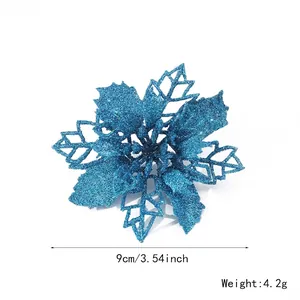 9cm blue glitter hollow poinsettia Christmas flower decoration for festive tree ornament