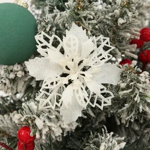 9CM white glitter hollow-out Poinsettia flower for Christmas tree and home decoration