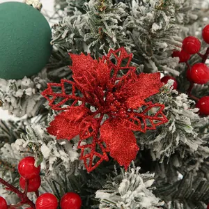 Red glitter hollow poinsettia flower ornament for festive Christmas tree decoration
