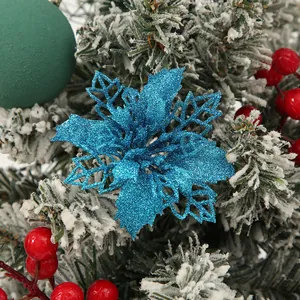 Blue glittery hollow poinsettia flower for Christmas tree holiday decoration 9cm