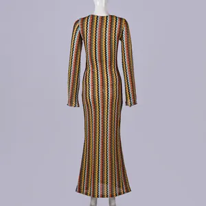 Back view of colorful zigzag pattern long sleeve slim fit knit maxi dress