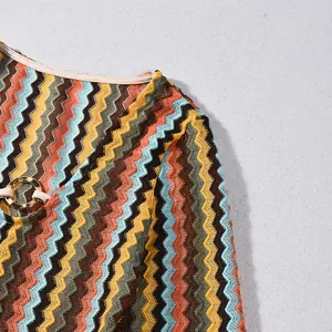Close-up of colorful zigzag knit dress featuring metal ring detail and chevron pattern