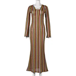 Elegant slim fit V-neck long sleeve zigzag maxi dress with colorful knit wave pattern
