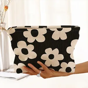 Corduroy Cosmetic Bag Floral Print Makeup Pouch Zipper Travel Storage Organizer Portable Lightweight Handbag For Women