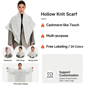 Elegant white hollow knit scarf and shawl with intricate floral pattern for women