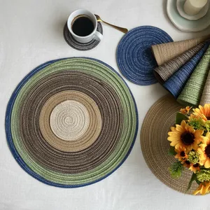 Nordic style round woven placemats and coasters with coffee cup and sunflowers decoration