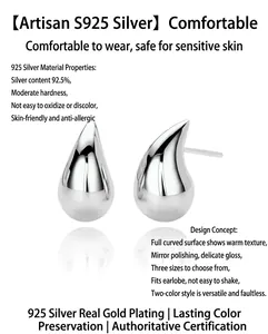 Close-up of polished S925 sterling silver waterdrop stud earrings showing mirror finish