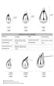 Detailed size chart for S925 sterling silver water drop stud earrings in three sizes