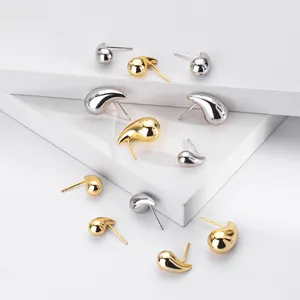 Detailed view of minimalist S925 silver water drop earrings in gold and silver finishes
