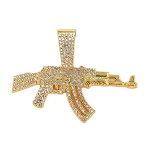 Pendentif fusil AK47 plaqué or avec strass pour collier mode hip hop pour hommes