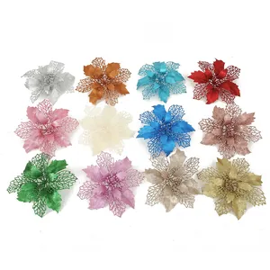 Colorful glitter poinsettia flowers for Christmas tree decoration in 12 vibrant shades.