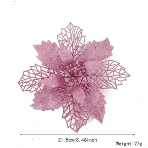 Glittery pink poinsettia Christmas tree decoration flower, 8.4 inch (21.5cm) size