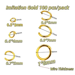 Detailed size chart for electroplated copper open jump rings in various diameters.