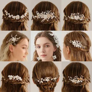 Handmade bridal hair comb set with elegant soft clay flowers and pearls for wedding