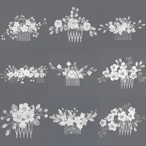 Overview of various handmade bridal hair combs with white clay flowers and crystals