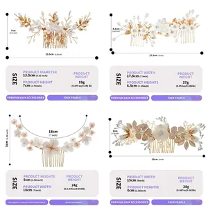 Detailed size and weight specs for handmade floral bridal hair combs with pearls.
