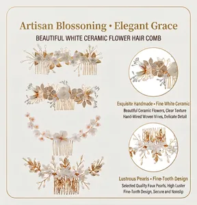Detailed view of handmade bridal hair combs with white ceramic flowers and pearls