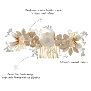 Detailed view of handmade bridal hair comb with elegant soft clay flowers and pearls